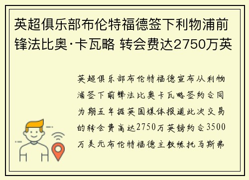 英超俱乐部布伦特福德签下利物浦前锋法比奥·卡瓦略 转会费达2750万英镑